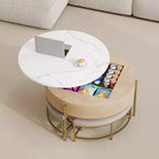Table basse relevable ronde moderne avec rangement et 3 poufs Blanc et Naturel