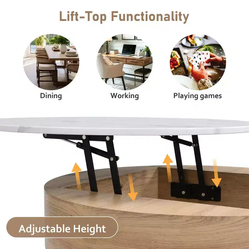 Table basse relevable ronde moderne avec rangement et 3 poufs Blanc et Naturel