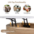 Table basse relevable ronde moderne avec rangement et 3 poufs Blanc et Naturel