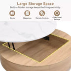 Table basse relevable ronde moderne avec rangement et 3 poufs Blanc et Naturel