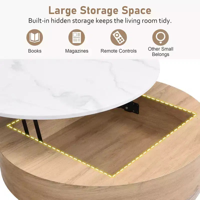 Table basse relevable ronde moderne avec rangement et 3 poufs Blanc et Naturel