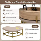 Table basse relevable ronde moderne avec rangement et 3 poufs Blanc et Naturel