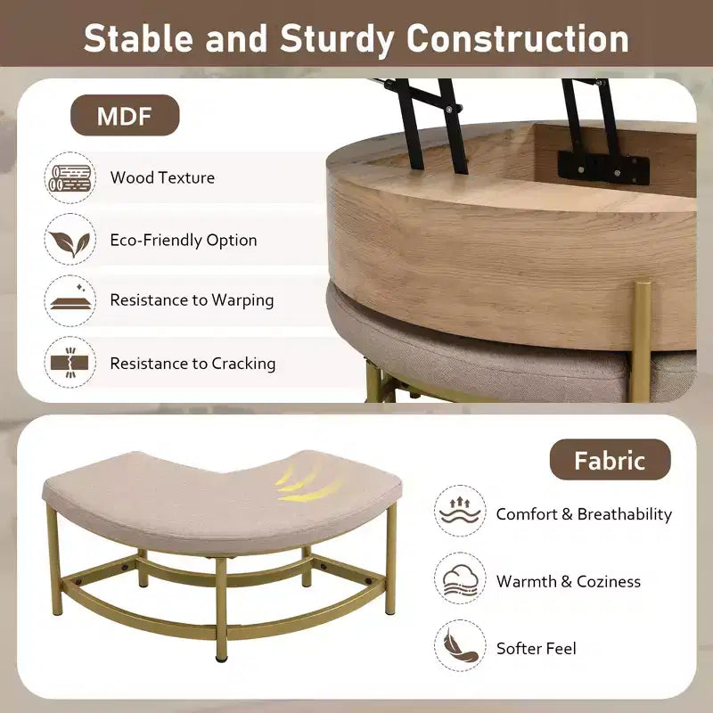 Table basse relevable ronde moderne avec rangement et 3 poufs Blanc et Naturel