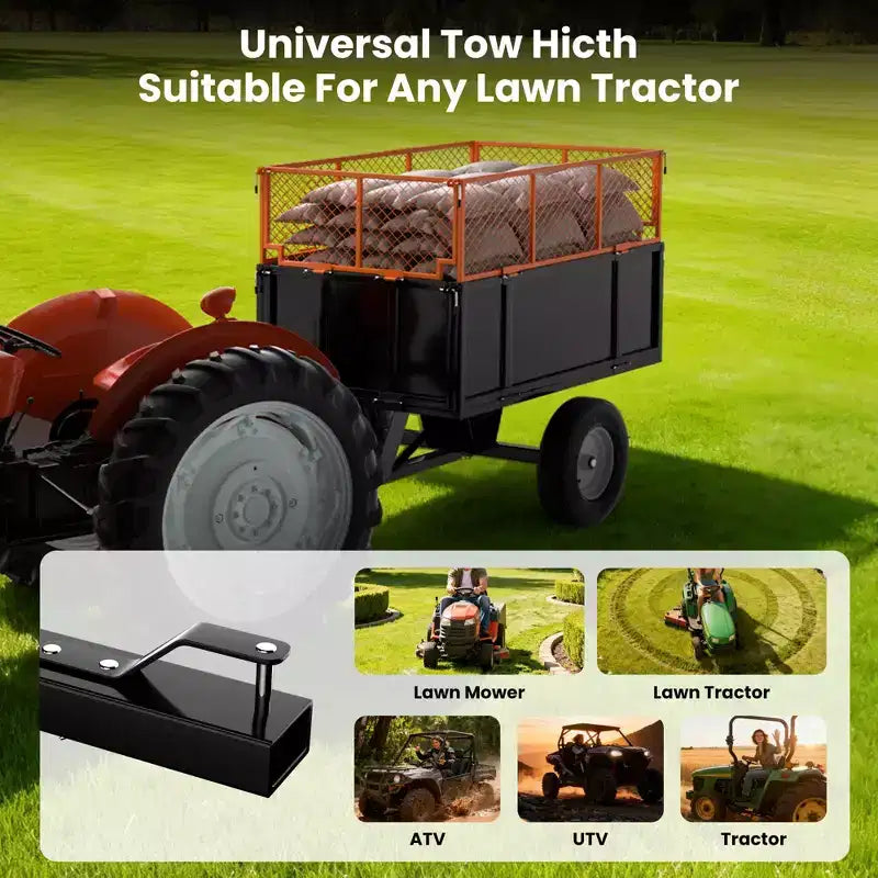 Remorque utilitaire robuste en acier, remorque pour VTT basculante, capacité de 480 litres (17 pi³), 340 kg (750 lb) avec côtés amovibles, remorque de jardin à atteler derrière un UTV