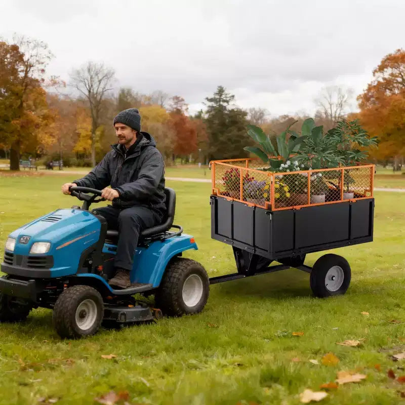 Remorque utilitaire robuste en acier, remorque pour VTT basculante, capacité de 480 litres (17 pi³), 340 kg (750 lb) avec côtés amovibles, remorque de jardin à atteler derrière un UTV