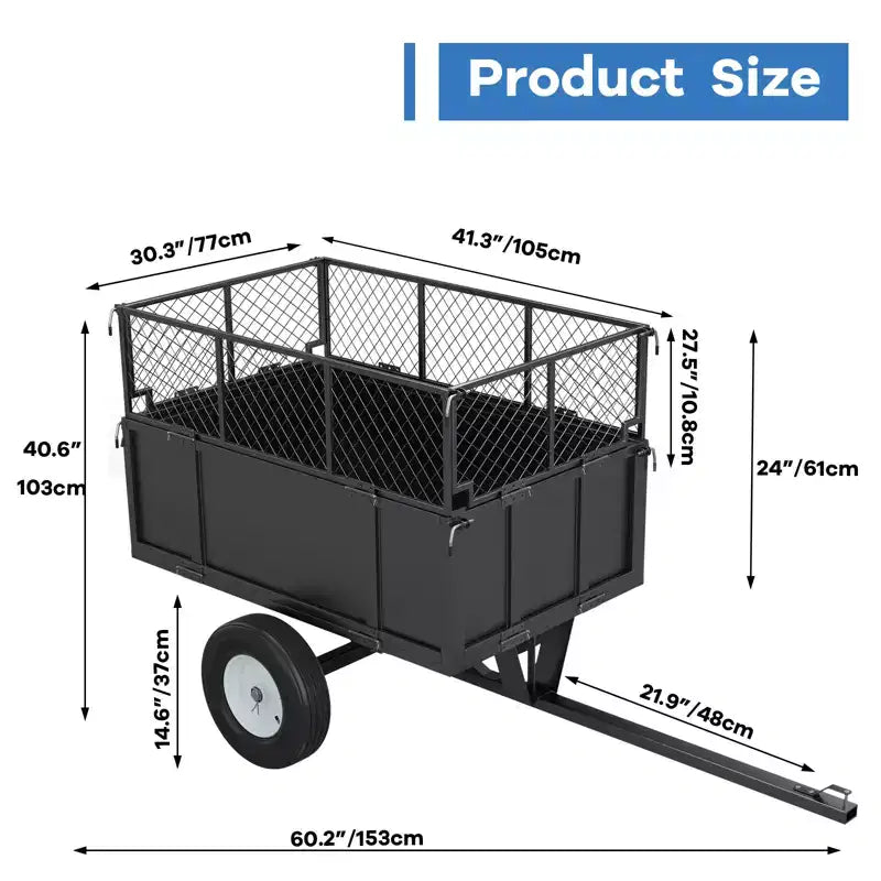 Remorque utilitaire robuste en acier, remorque pour VTT basculante, capacité de 480 litres (17 pi³), 340 kg (750 lb) avec côtés amovibles, remorque de jardin à atteler derrière un UTV