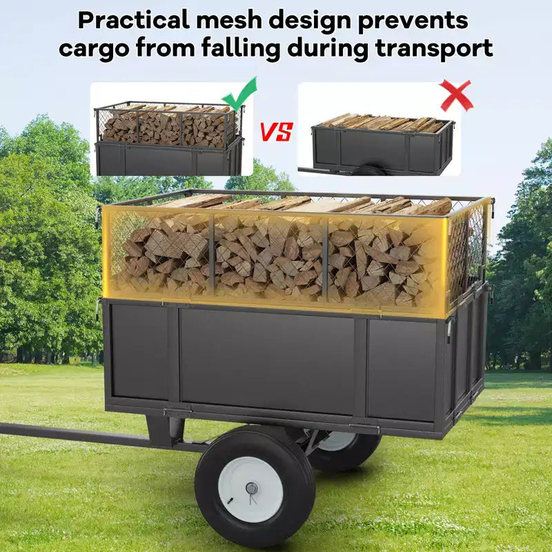Remorque utilitaire robuste en acier, remorque pour VTT basculante, capacité de 480 litres (17 pi³), 340 kg (750 lb) avec côtés amovibles, remorque de jardin à atteler derrière un UTV
