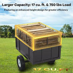 Remorque utilitaire robuste en acier, remorque pour VTT basculante, capacité de 480 litres (17 pi³), 340 kg (750 lb) avec côtés amovibles, remorque de jardin à atteler derrière un UTV