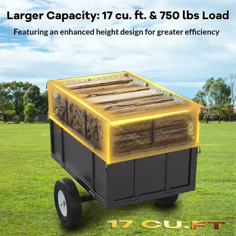 Remorque utilitaire robuste en acier, remorque pour VTT basculante, capacité de 480 litres (17 pi³), 340 kg (750 lb) avec côtés amovibles, remorque de jardin à atteler derrière un UTV