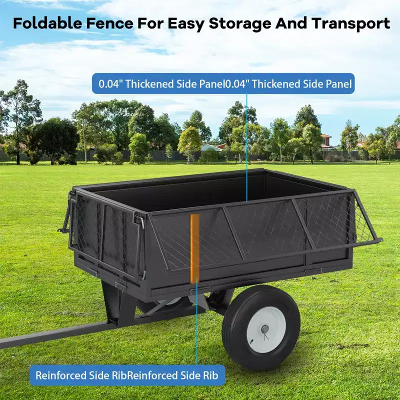 Remorque utilitaire robuste en acier, remorque pour VTT basculante, capacité de 480 litres (17 pi³), 340 kg (750 lb) avec côtés amovibles, remorque de jardin à atteler derrière un UTV
