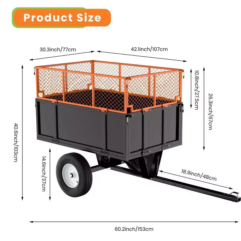 Remorque utilitaire robuste en acier, remorque pour VTT basculante, capacité de 480 litres (17 pi³), 340 kg (750 lb) avec côtés amovibles, remorque de jardin à atteler derrière un UTV