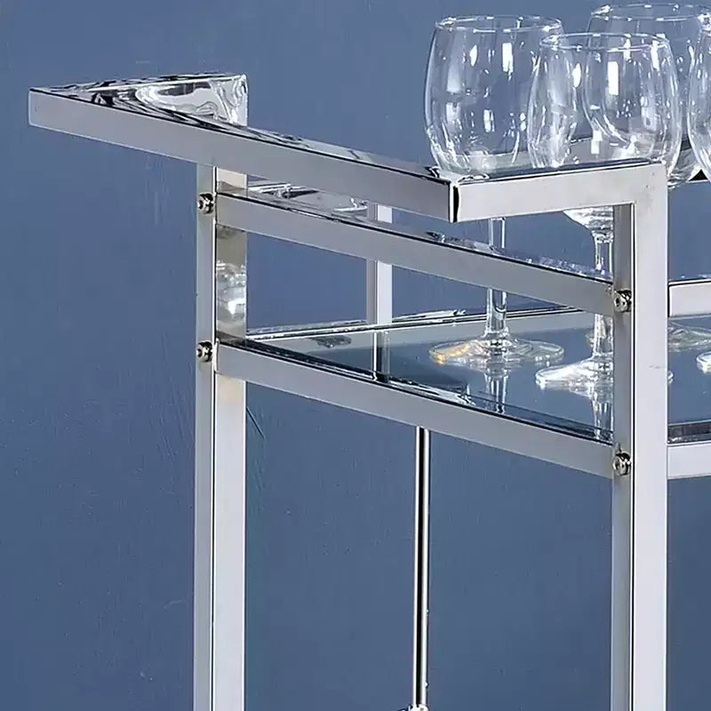 Chariot de service Buncrana en verre trempé chromé : motifs quadrilobe contemporains, étagères en verre trempé