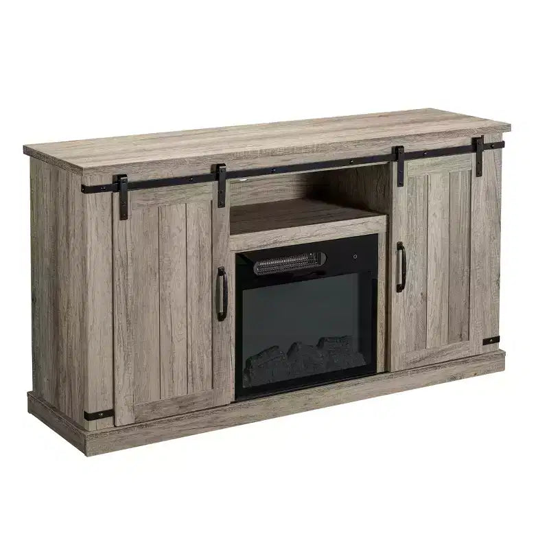 Meuble TV avec portes coulissantes et cheminée électrique, pour téléviseurs jusqu'à 60 po, chêne gris antique - MDF et quincaillerie en nickel, gestion des câbles