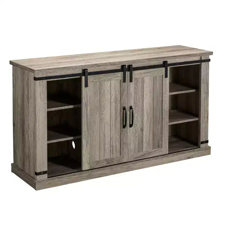 Meuble TV avec portes coulissantes et cheminée électrique, pour téléviseurs jusqu'à 60 po, chêne gris antique - MDF et quincaillerie en nickel, gestion des câbles