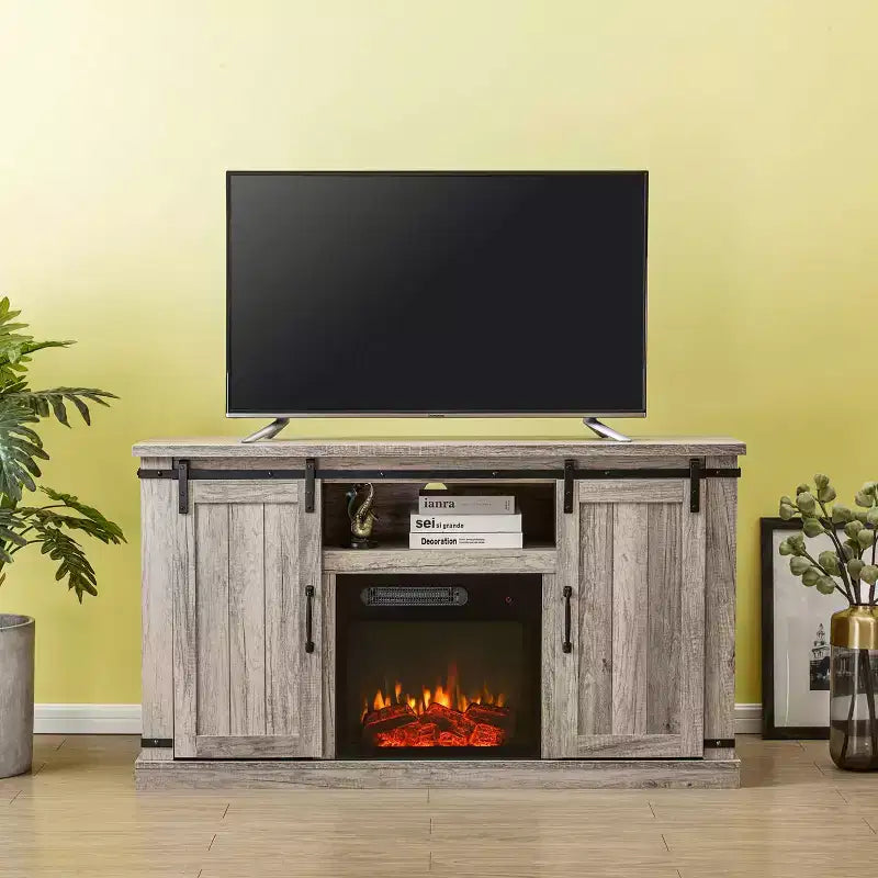 Meuble TV avec portes coulissantes et cheminée électrique, pour téléviseurs jusqu'à 60 po, chêne gris antique - MDF et quincaillerie en nickel, gestion des câbles