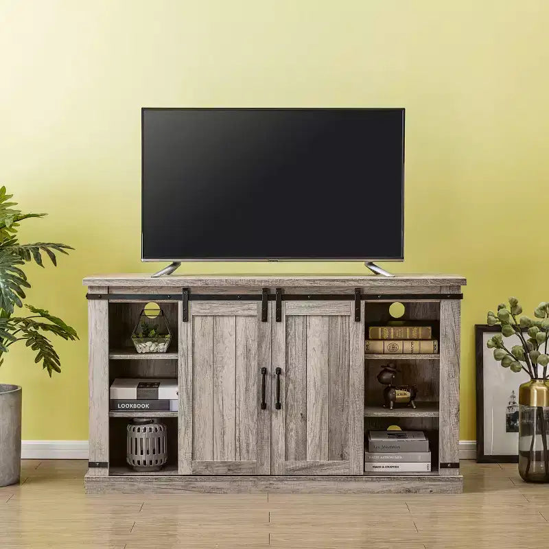 Meuble TV avec portes coulissantes et cheminée électrique, pour téléviseurs jusqu'à 60 po, chêne gris antique - MDF et quincaillerie en nickel, gestion des câbles