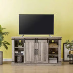 Meuble TV avec portes coulissantes et cheminée électrique, pour téléviseurs jusqu'à 60 po, chêne gris antique - MDF et quincaillerie en nickel, gestion des câbles