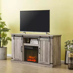 Meuble TV avec portes coulissantes et cheminée électrique, pour téléviseurs jusqu'à 60 po, chêne gris antique - MDF et quincaillerie en nickel, gestion des câbles