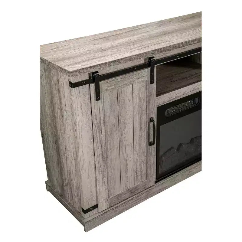 Meuble TV avec portes coulissantes et cheminée électrique, pour téléviseurs jusqu'à 60 po, chêne gris antique - MDF et quincaillerie en nickel, gestion des câbles