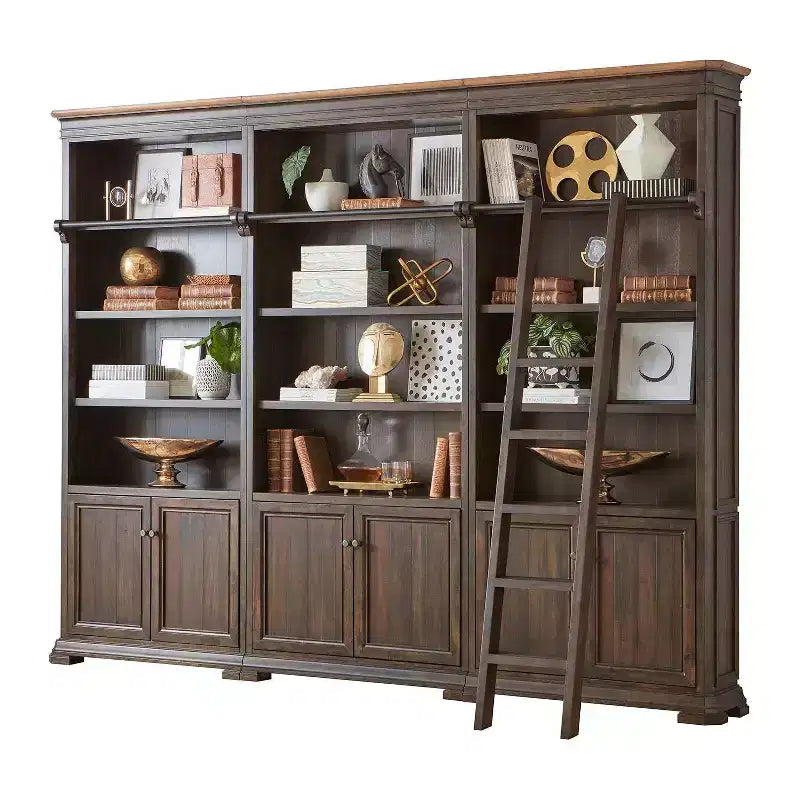Bibliothèque murale Sonoma de 94 pouces avec échelle en bois, étagères ouvertes, 15 niveaux, quincaillerie en bronze