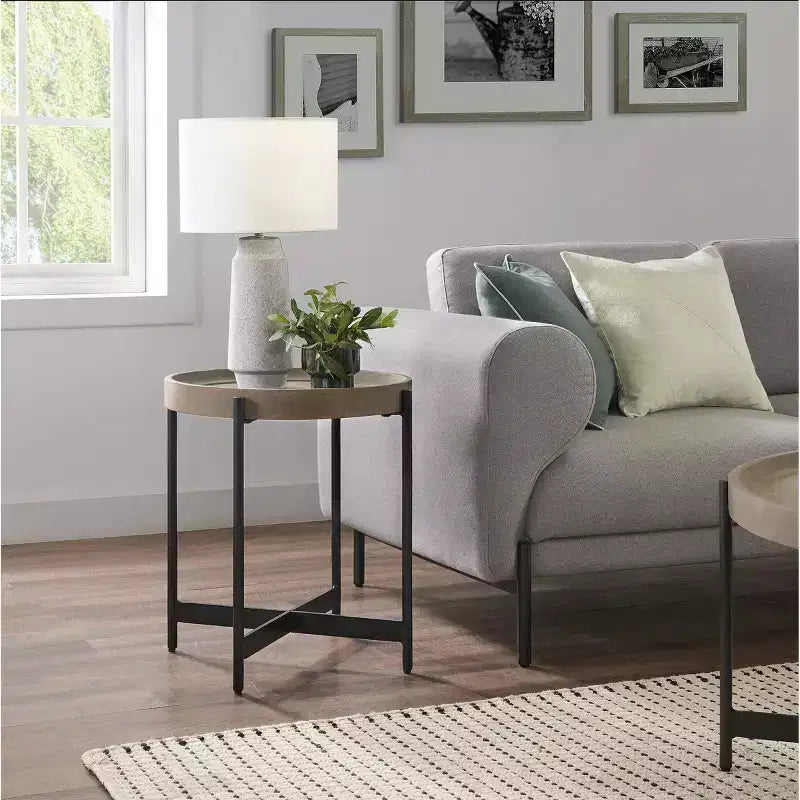 20" Brookline Round Wood with Concrete Coating End Table Concrete Gray - Chic Tray Top, Sturdy X - Frame