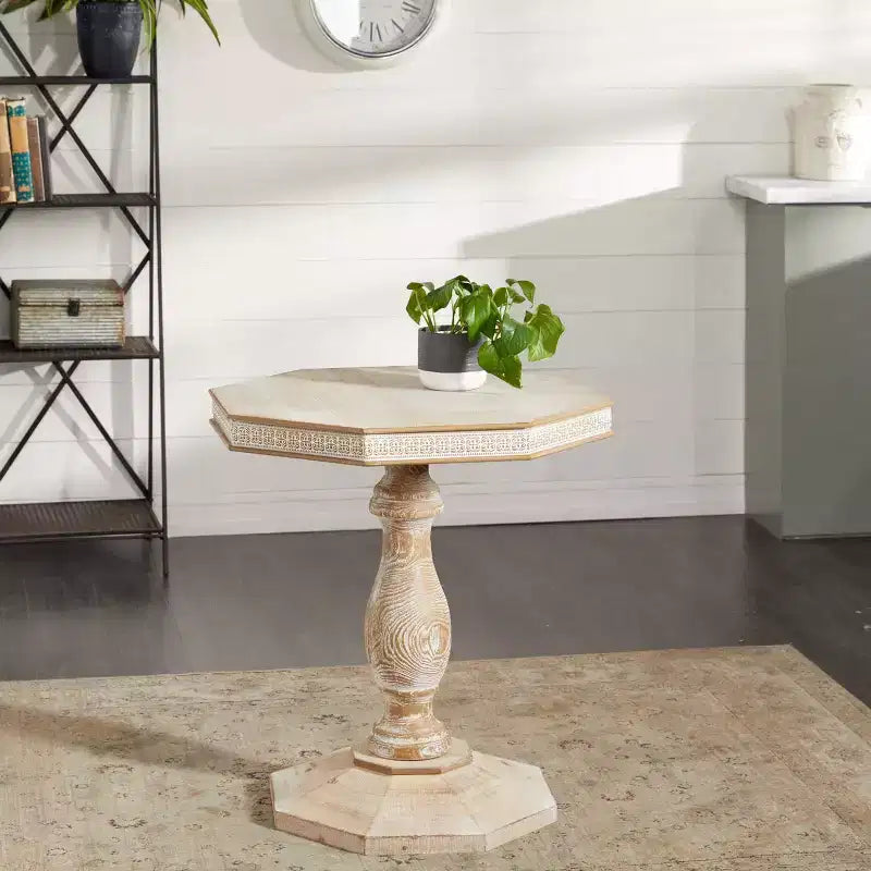 Table d'appoint en bois blanchi style ferme, fabriquée à la main, aucun assemblage requis.