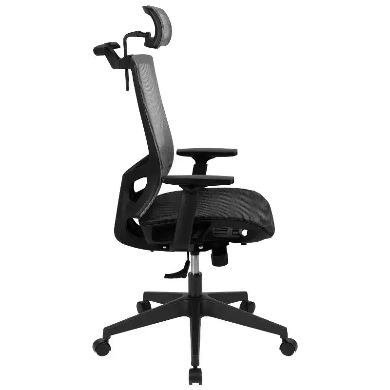 Chaise de bureau ergonomique en maille avec mécanisme synchrone, appui-tête réglable par pivotement, support lombaire, porte-manteau et accoudoirs réglables