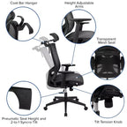 Chaise de bureau ergonomique en maille avec mécanisme synchrone, appui-tête réglable par pivotement, support lombaire, porte-manteau et accoudoirs réglables