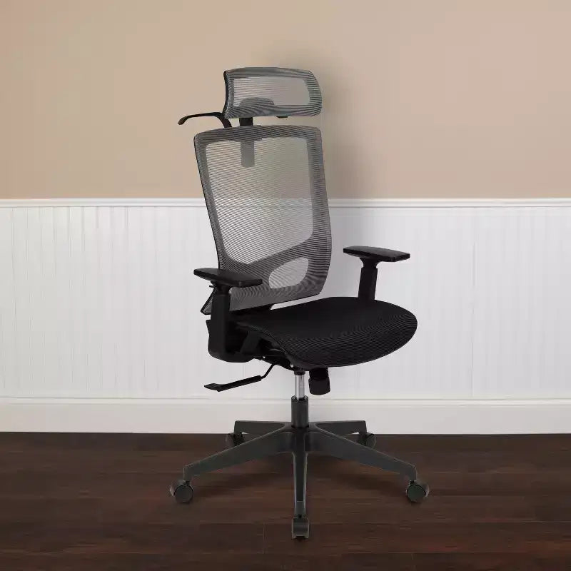 Chaise de bureau ergonomique en maille avec mécanisme synchrone, appui-tête réglable par pivotement, support lombaire, porte-manteau et accoudoirs réglables