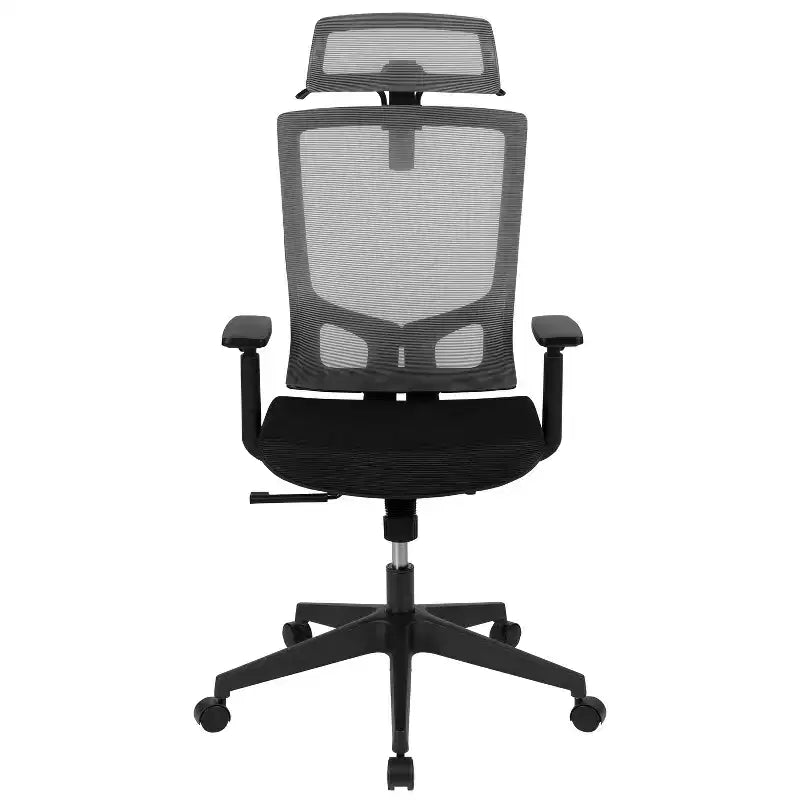 Chaise de bureau ergonomique en maille avec mécanisme synchrone, appui-tête réglable par pivotement, support lombaire, porte-manteau et accoudoirs réglables