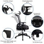 Chaise de bureau ergonomique en maille avec mécanisme synchrone, appui-tête réglable par pivotement, support lombaire, porte-manteau et accoudoirs réglables