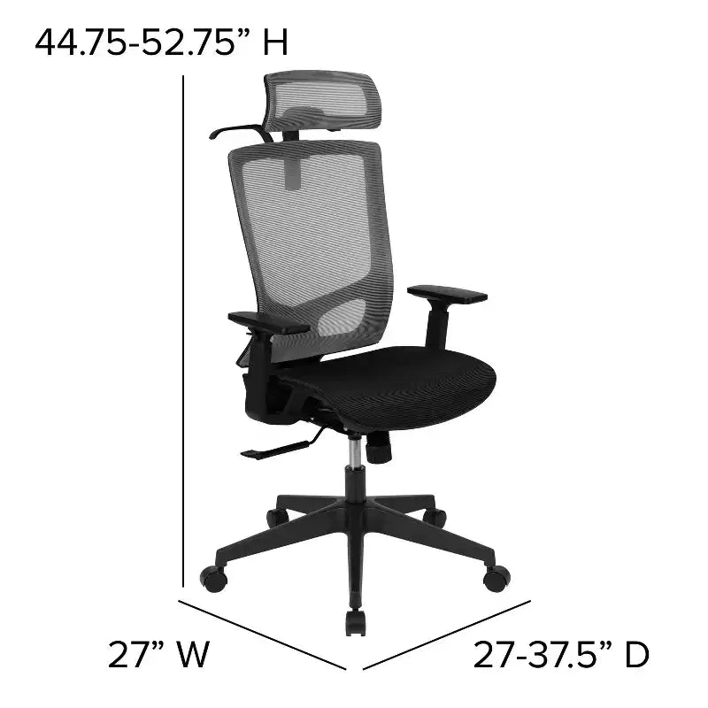 Chaise de bureau ergonomique en maille avec mécanisme synchrone, appui-tête réglable par pivotement, support lombaire, porte-manteau et accoudoirs réglables