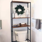 Étagère de salle de bain 3 tablettes en fer et placage avec rangement au-dessus des toilettes – Teck