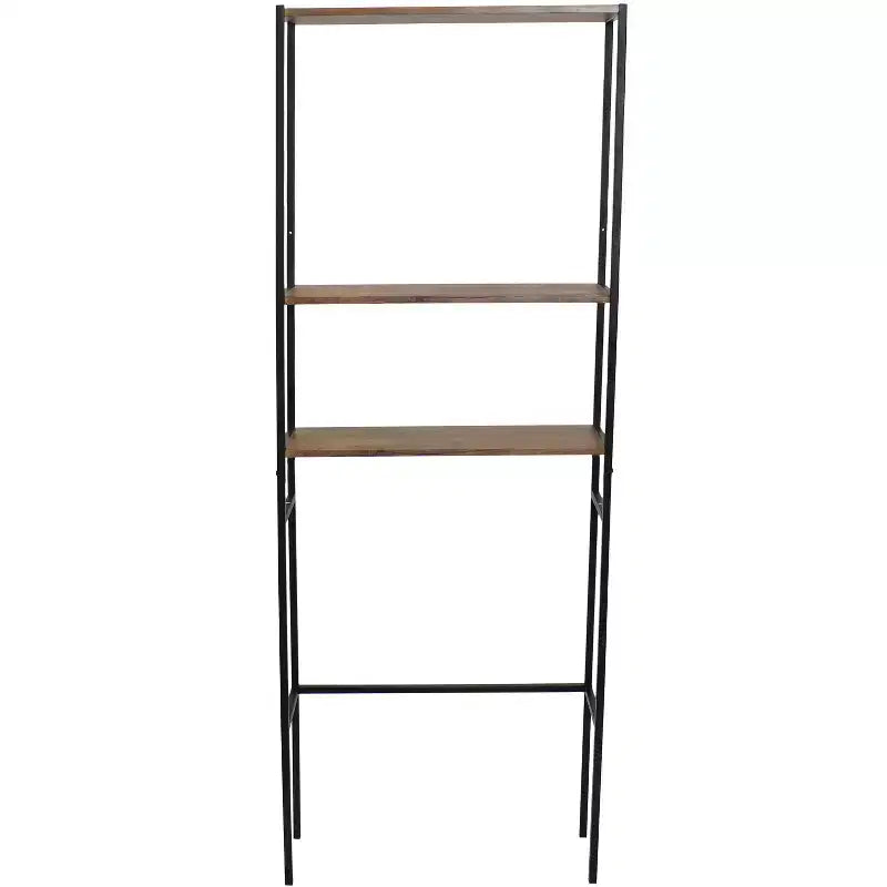 Étagère de salle de bain 3 tablettes en fer et placage avec rangement au-dessus des toilettes – Teck