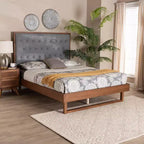 Lit plate-forme en bois (Gris/Noyer): Sommier non inclus, avec tête de lit capitonnée