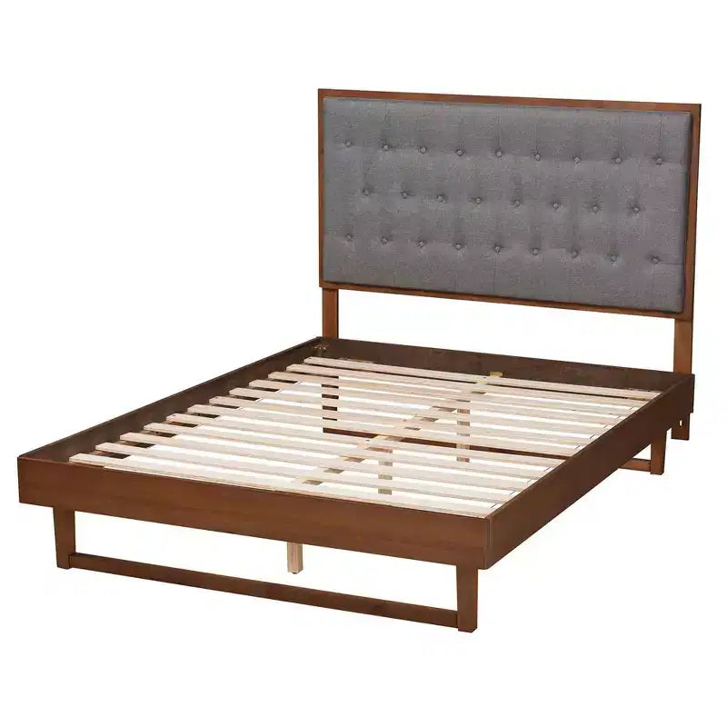 Lit plate-forme en bois (Gris/Noyer): Sommier non inclus, avec tête de lit capitonnée