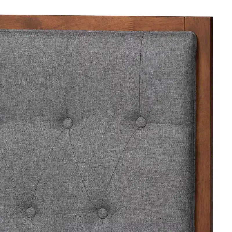 Lit plate-forme en bois (Gris/Noyer): Sommier non inclus, avec tête de lit capitonnée