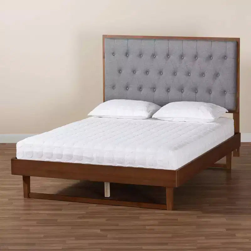 Lit plate-forme en bois (Gris/Noyer): Sommier non inclus, avec tête de lit capitonnée